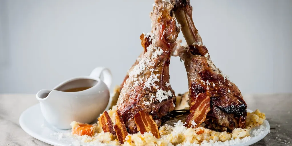 Roasted turkey legs with root vegetable mash