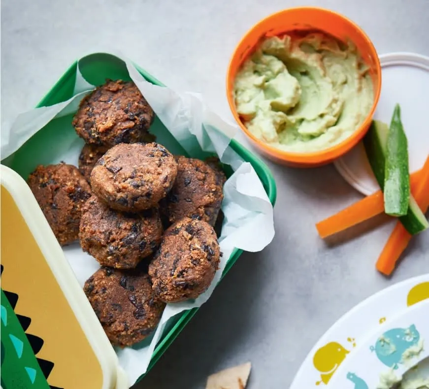Mexican falafel black bean bites with a yoghurt and avocado dip