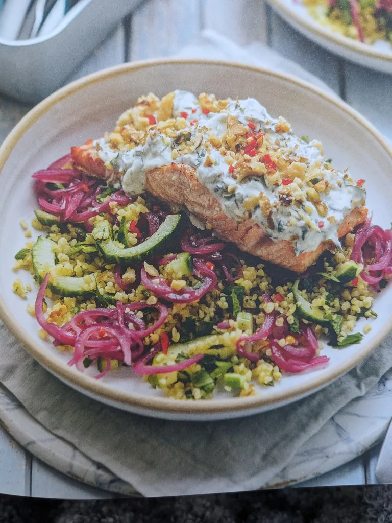 Grilled salmon tarator with bulgur wheat tabbouleh