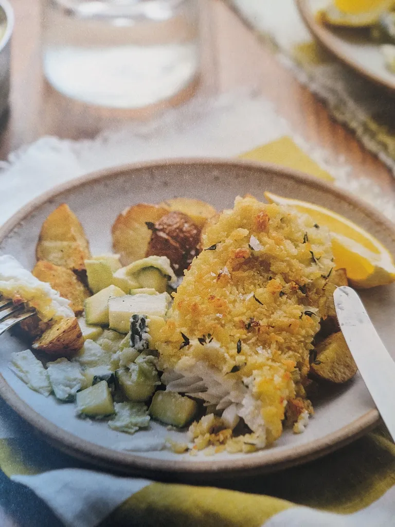 Herb-crusted haddock with bite-sized roasties
