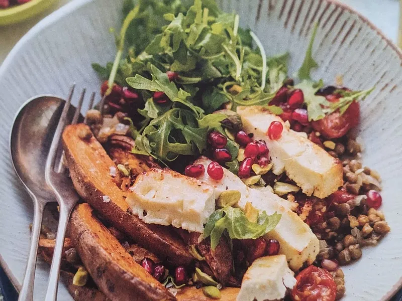 Honey-roasted feta with crispy sweet potatoes & garlicky lentils