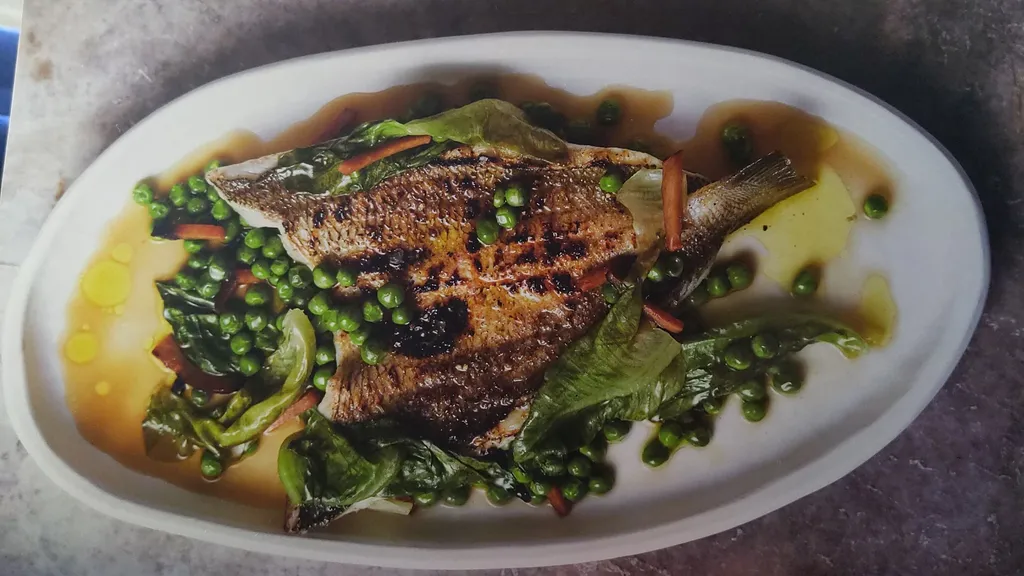 The Recipes BBQ Sand Whiting, Peas, Swordfish Bacon & Lettuce