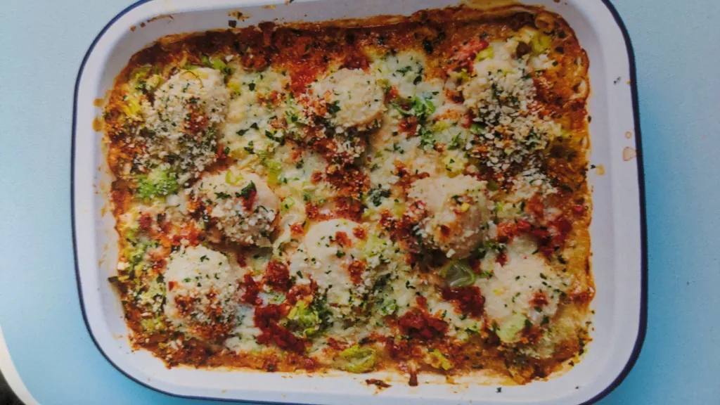 Scallop, leek and chorizo gratin