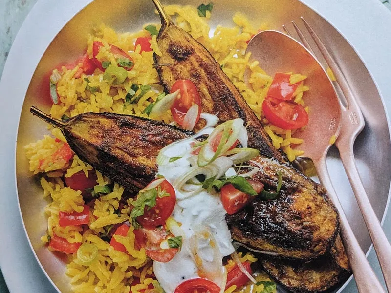 Tandoori-spiced aubergine with tomato & coriander rice & nigella yoghurt