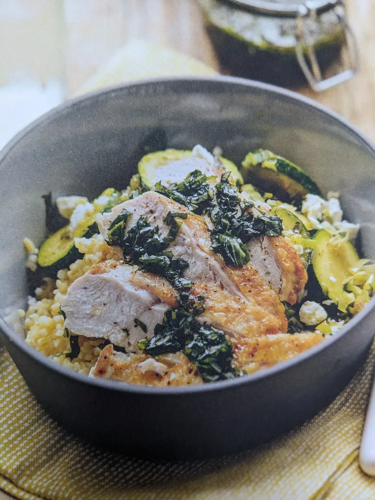 Crispy skin chicken with buttery basil courgettes