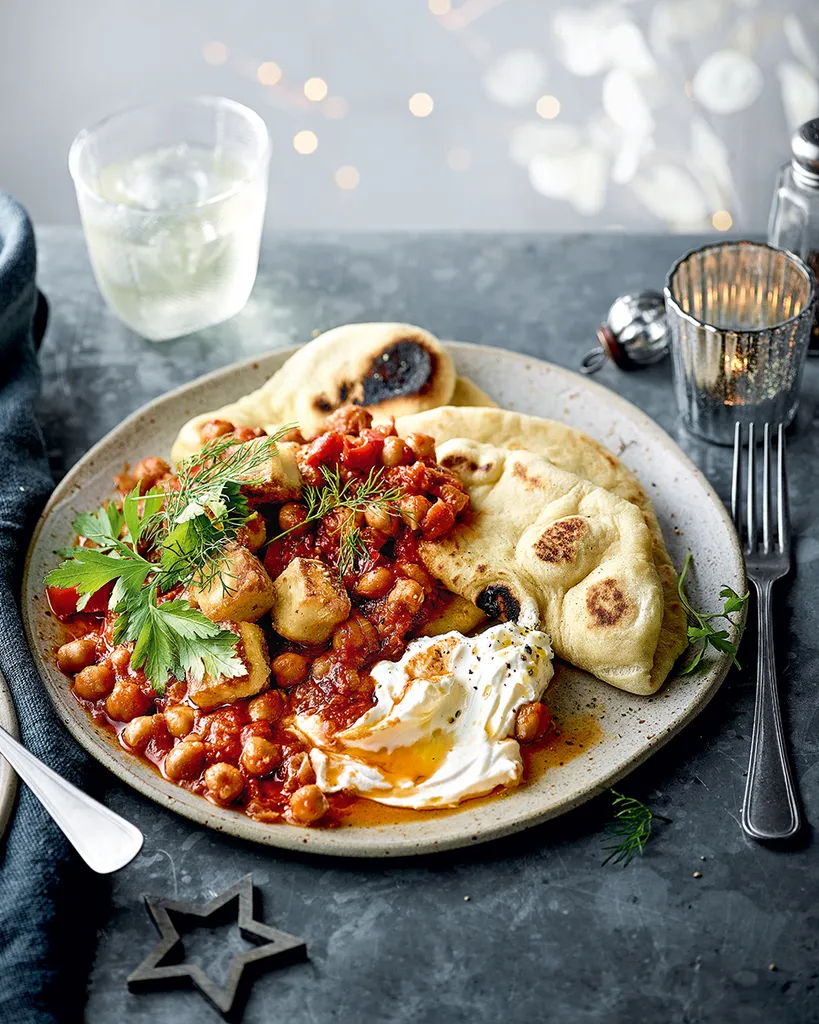 Harissa chickpea stew with crispy halloumi