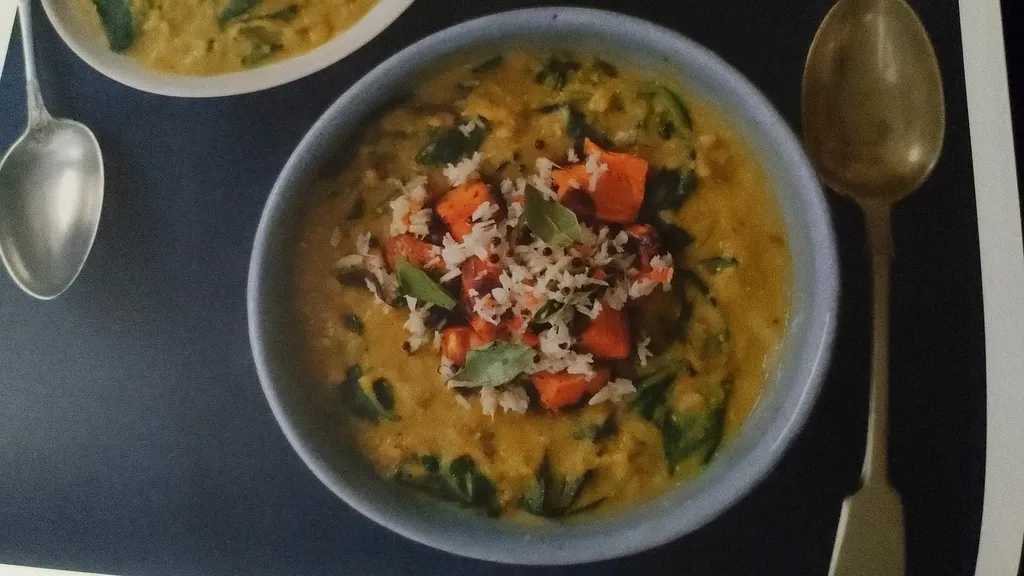 Dhal with crispy sweet potato and quick coconut chutney