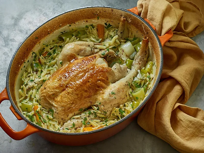 Chicken in a pot with lemon and orzo