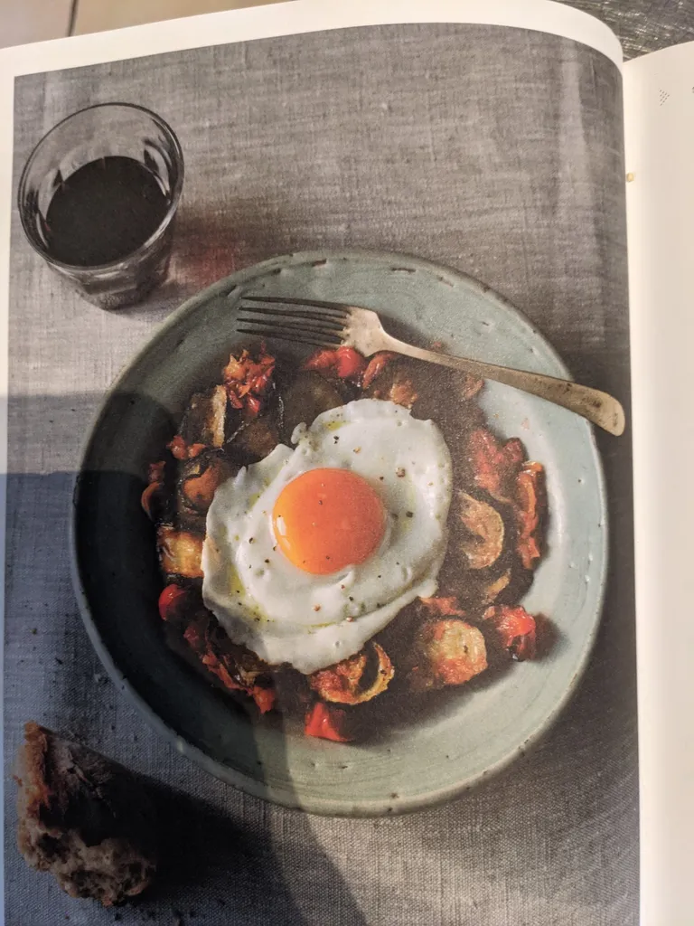 Saffron-spiked ratatouille with fried egg and sourdough bread
