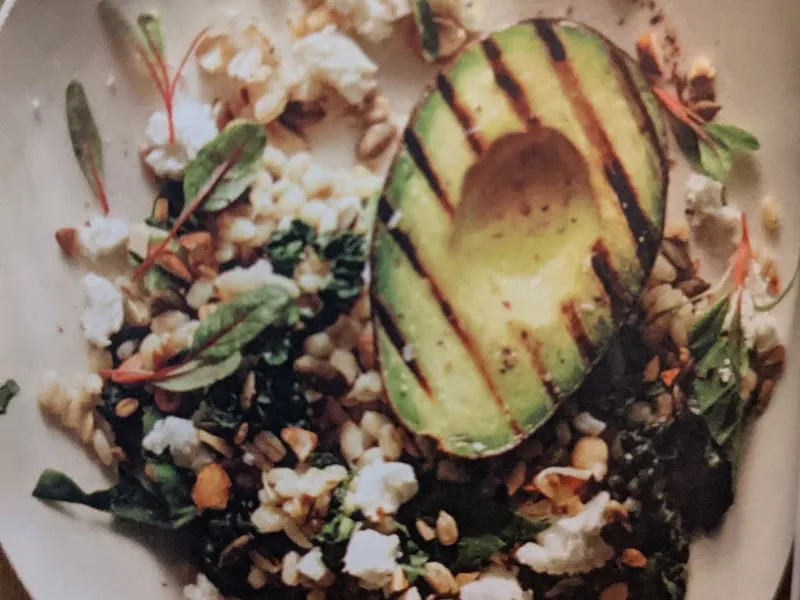 Grilled avocado barley bowl