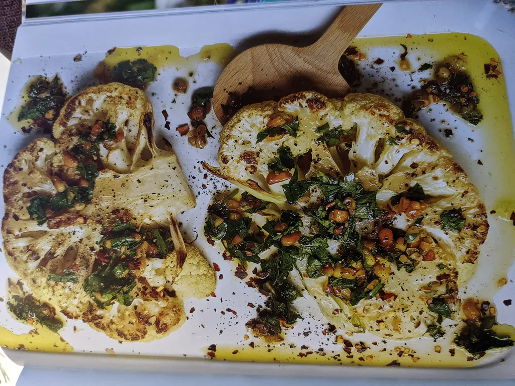 Cauliflower steaks with pine nut and parsley oil
