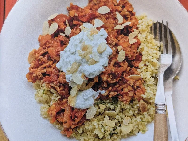 Greek lentil and lamb ragu with homemade minty tzatziki